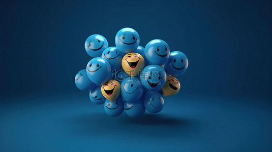 蓝色背景上带有笑脸 Facebook 反应表情符号的社交媒体气球符号的 3D 渲染