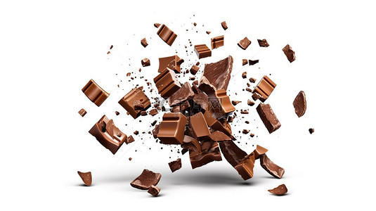 甜的背景图片_巧克力块和碎片层叠到白色背景上的 3D 插图