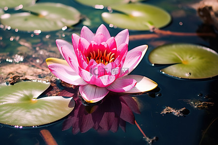 池塘里漂浮着粉红色的睡莲