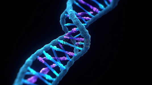 细胞医学背景图片_黑色背景上蓝色螺旋 DNA 染色体的基因改造 3D 渲染是科学和医学的象征