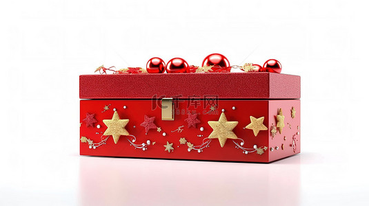 贺卡金色背景图片_带红色装饰的孤立白色背景圣诞礼品盒的 3D 渲染
