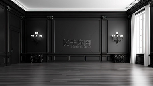 永恒的黑色室内设计在 3D 生活工作室渲染空白石板为您的创意蒙太奇