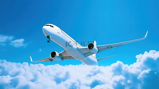 商务科技插图背景图片_一架商用飞机在蓝天中翱翔的 3D 插图