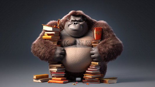卡通一堆书背景图片_搞笑的 3D 矮胖猿与一摞书