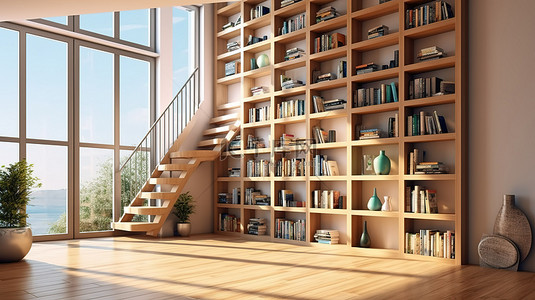 现代房间有宽大的窗户，图书馆书架和书籍位于楼梯下 3d 渲染