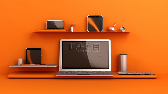 手机橙色背景图片_充满活力的橙色架子上的科技三重奏笔记本电脑手机和平板电脑 3D 渲染