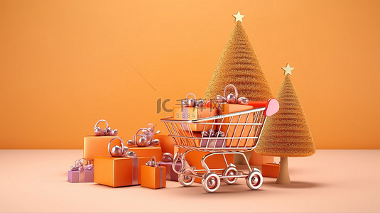 可爱装饰丝带背景图片_3D 渲染的微型礼品盒节日购物车和可爱的圣诞树