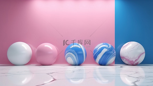 大理石成品展览空间增强了白色蓝色和粉色霓虹灯 3D 渲染