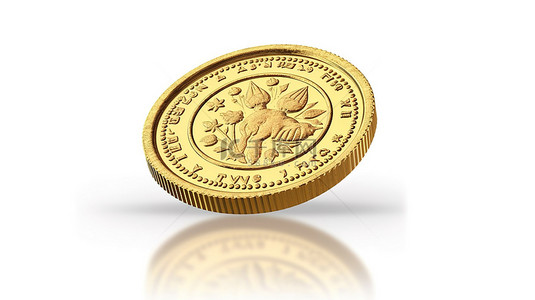 白色背景上孤立的金色印度卢比硬币的 3D 渲染