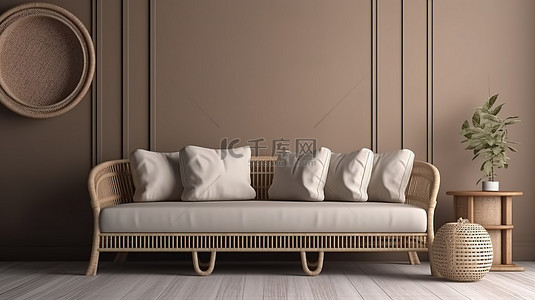 在室内场景中想象一个带有浅棕色藤编沙发的休闲角落，3D 渲染和插图