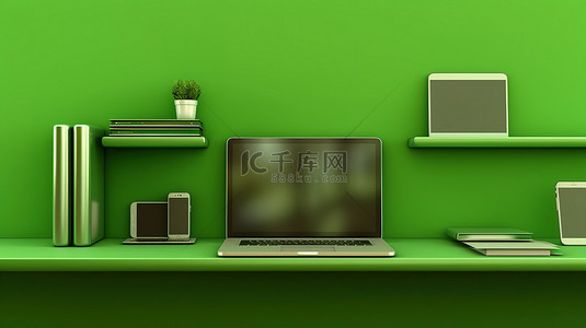 绿色墙架上的科技三重奏笔记本电脑手机和平板电脑横幅背景的 3D 插图