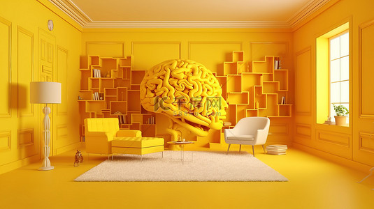 锻炼智力背景图片_黄色房间中大脑锻炼的 3d 渲染