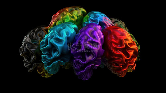 大脑在黑色背景下的头脑风暴生成器多色 3d 渲染