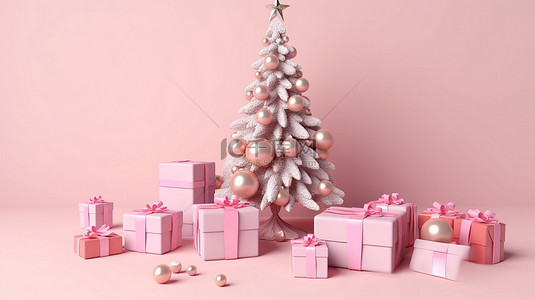 圣诞主题日历，带有礼品树和小饰品，在柔和的粉红色背景上以 3D 渲染