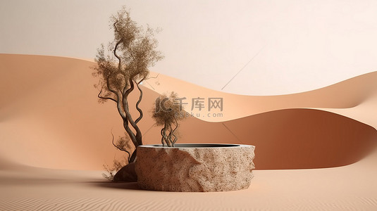 带有沙漠背景和树枝装饰的 3D 讲台上的产品展示