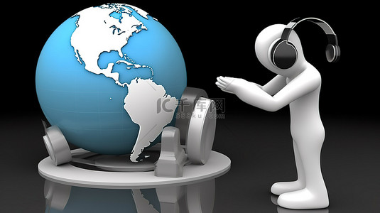 全球通信概念 3d 白人用地球仪和耳机听音乐