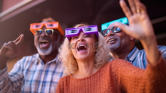 不同群体的成熟朋友戴着 3d 眼镜享受嬉戏的时刻