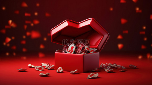 节日装饰背景背景图片_节日装饰从开放的红色礼品盒中溢出，带有复制空间的 3D 渲染