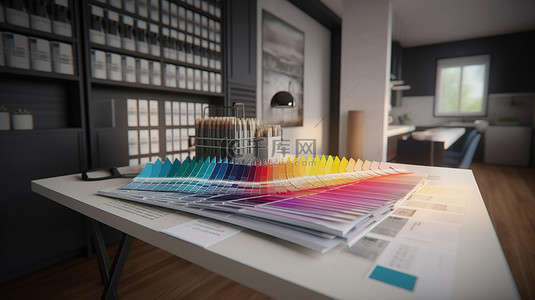 家居设计草稿背景图片_建筑师的桌面以 3D 方式可视化，带有房屋渲染标记和色样