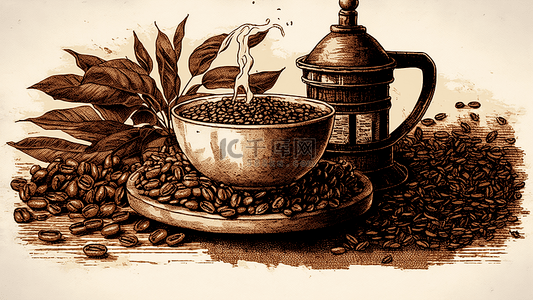 咖啡豆满溢香味飘散咖啡杯