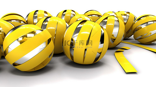 球形黄色胶带条以锁定图案排列，在 3D 渲染的白色背景下排列