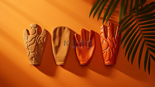 3D 渲染的蔬菜阴影烤箱手套设置在充满活力的橙色背景