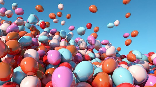复活节彩蛋在空中盘旋的 3D 插图，颜色鲜艳