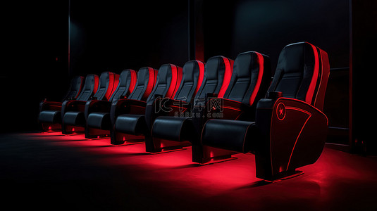 黑色舒适背景图片_黑色背景上成排的舒适红色电影院椅子的 3D 渲染