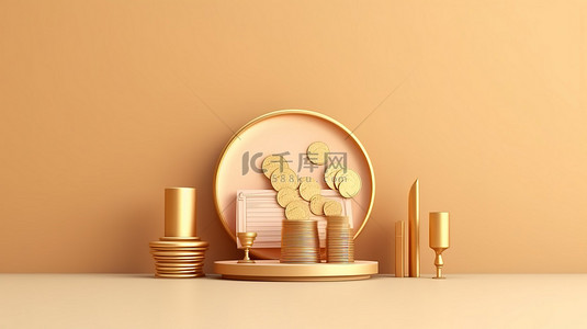 3D 渲染可爱的硬币显示插图用于商业营销设计
