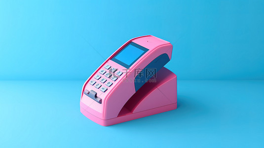 支付终端背景图片_蓝色背景下双色调粉色信用卡支付终端的 3D 渲染