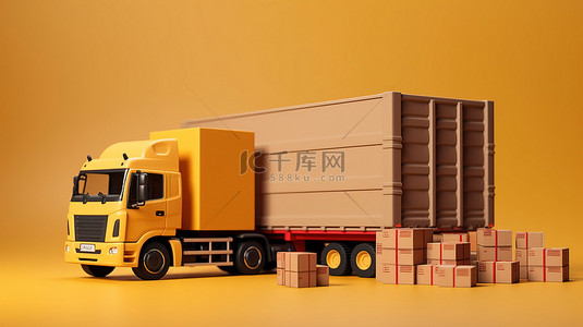 仓库物流 3D 插图的送货卡车装载箱与复制空间
