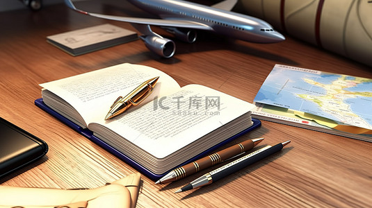 计划您的下一次冒险飞机护照机票和旅行清单在木桌 3D 渲染上