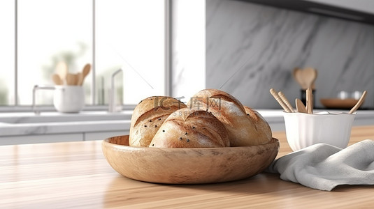 光滑的白色厨房台面，配有面包篮和切板 3D 渲染