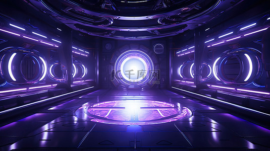 霓虹灯点亮的科幻室，具有黑暗的未来派氛围 3D 渲染