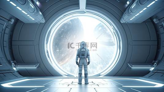 孤独颂歌背景图片_孤独的宇航员在未来派的室内，一个 3D 渲染的科幻房间，有一个巨大的窗户