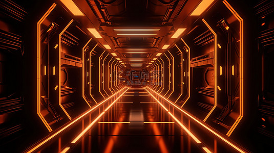 橙色世界背景图片_科幻插图霓虹橙色宇宙飞船走廊在黑色背景下以 3D 呈现