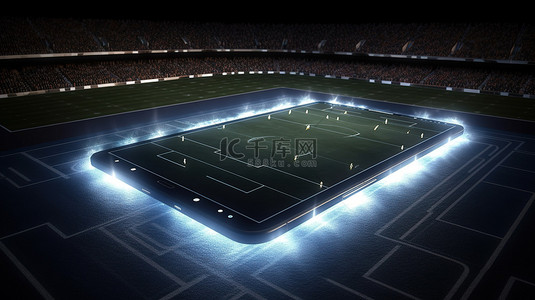智能手机屏幕显示带有体育场灯光和充足复制空间的足球场 3D 渲染
