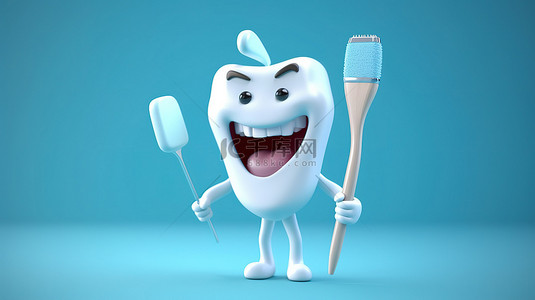 蓝色背景上使用牙科工具进行 3D 渲染的卡通牙齿人物