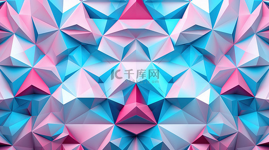 装饰性 3D 图案印花，具有粉红色蓝色和白色几何三角形
