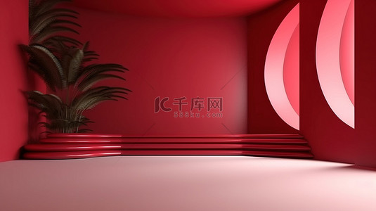 超现实景观 3D 渲染的抽象壁纸，具有红墙概念