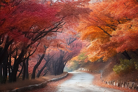 一条土路，周围树木环绕，秋叶美丽