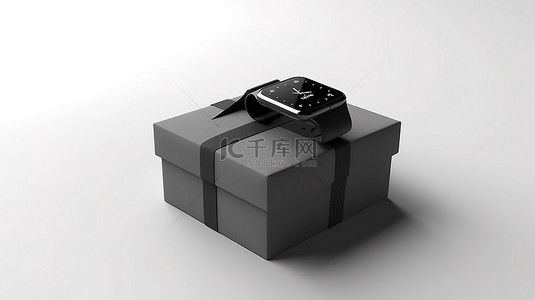 3D 渲染黑色现代智能手表模型和白色背景上的绑带白色礼品盒