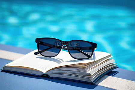 夏天假期背景图片_水池边放着一本书，上面还挂着墨镜