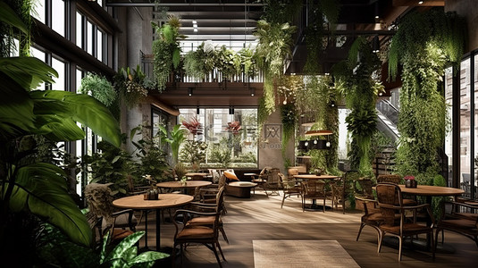 3d 渲染室内花园和花店咖啡馆