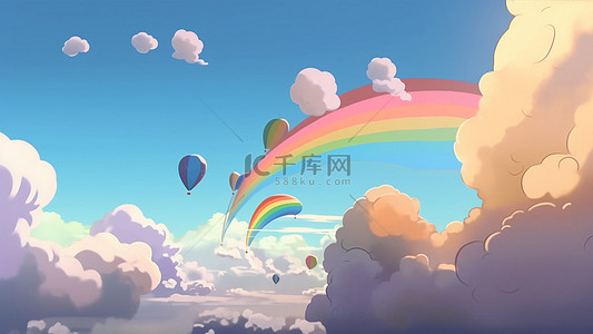 卡通云朵彩虹背景图片_天空彩色云朵彩虹