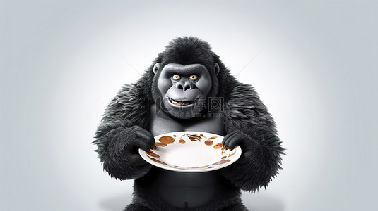 有趣的 3D 猿人抓着盘子