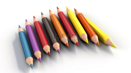 白色背景上 3D 隔离的生动彩色铅笔