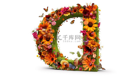字母和植物背景图片_白色背景上花卉和草字母 q 的 3d 插图