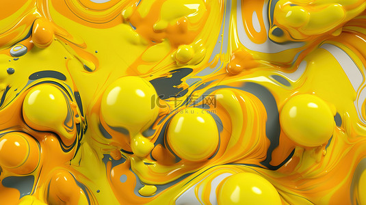 充满活力的黄色液体抽象背景与一系列美味的沙拉配料 3D 插图 3D 渲染