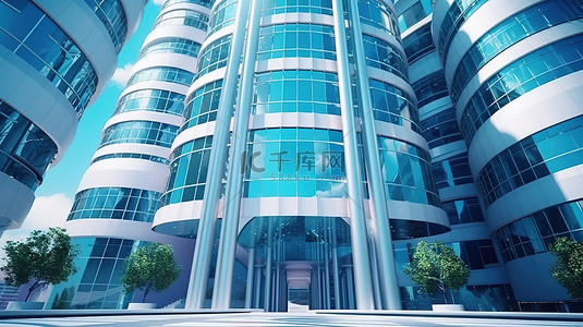 公司办公楼未来派摩天大楼下方的创新建筑 3D 渲染